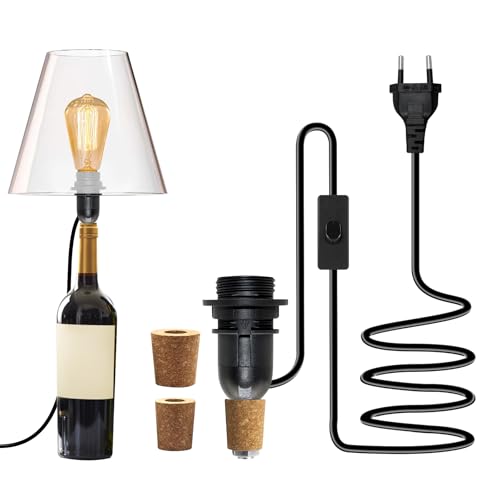 E14 Soporte Lámpara de Botella, DIY Lampara de Mesa para Botella Pantalla Compatible, Negro Adaptador Lampara Botella de Vino con 3 Tamaños de Tapones Portalámparas Lampara de Botella(Sin Bombillas)