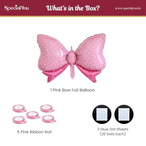 Image of SpecialYou Big Pink Bow Ribbon Foil Balloon Decoration Kit | Pink Bow Foil Balloon, Ribbon Rolls, Glue Dots for Birthday Decoration, Girls Party Decor, Room Decor-8pcs