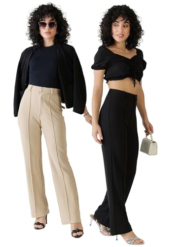 Image of KOTTY Women's Formal Wear Pant Combo Pack of 2 High Waist Straight Fit Office Wears Trousers For Women
