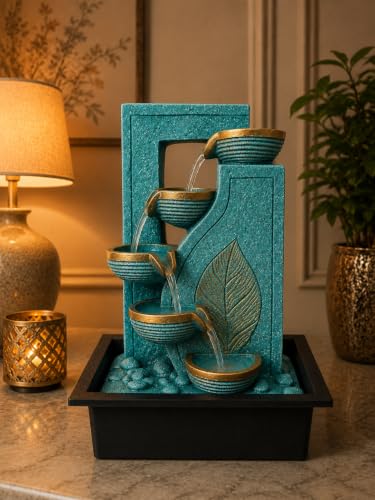Image of eCraftIndia Tabletop Water Fountain with 5-Tier Cascading Water Flow, Leaf Design Indoor Decorative Fountain for Home, Living Room, Bedroom, Office & Meditation Decor