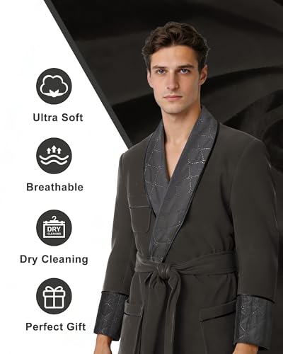 Image of Men's Long Velvet Smoking Jacket Smoking Robe with Belt Shawl Lapel Quilted Dressing Gown
