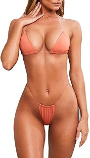 Xhonp Women's Sexy Halter Side Tie Micro Swimsuit Transparent Straps Thong Triangle Bikini