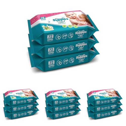 Image of Amazon Brand - Supples Baby Wet Wipes | 216 Wipes | 72 Wipes x 12 Packs | Enriched With Aloe Vera and Vitamin E | Alcohol-free and Paraben-free | Pure Water-Based Formulation