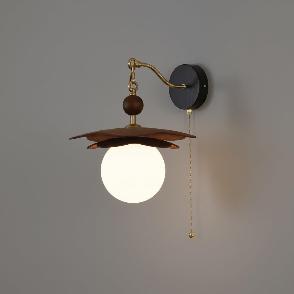 Aplique de pared nórdico E27 con globo de vidrio esmerilado y brazo de madera