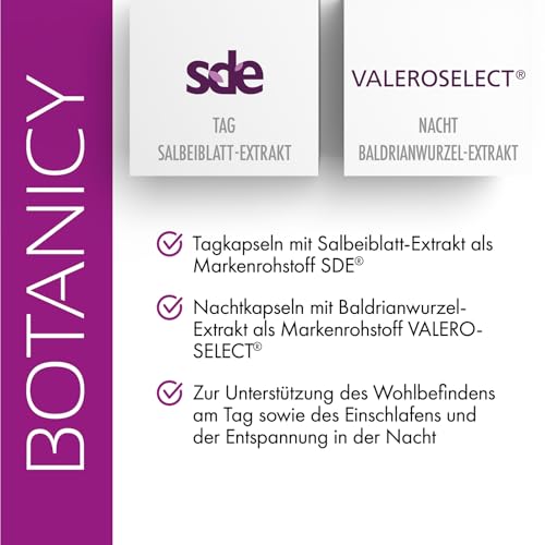 BOTANICY Menopause Tag & Nacht - Gegen Wechseljahre Symptome - Komplexe für Morgen & Abend, mit Salbei & Baldrian - Pflanzenextrakte & Vitamine - Natürlich, Hormonfrei, Vegan - 180 Menopause Kapseln
