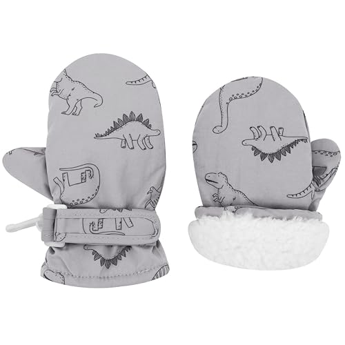 Urban Virgin Infant Baby Toddler Kids Winter Mittnes Lined Fleece Warm Waterproof Ski Snow Gloves For Boys Girls Grey Dino 6-24 Months