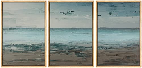 wall26 Framed Canvas Print Wall Art Set Grunge Teal & Brown Beach Shoreline Landscape Geometric Ocean Digital Art Minimalism Nautical Multicolor for Living Room, Bedroom, Office - 24"" x36 x3 Natural