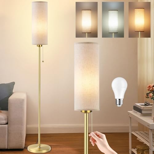 Seruno X Floor Lamp Linen Standing Lamp with 3 Color Temperatures, 9W Led Bulb Included, Modern Gold Pole Standard Corner Lamp with Pull Chain Switch and Lampshade for Living Room Bedroom Office