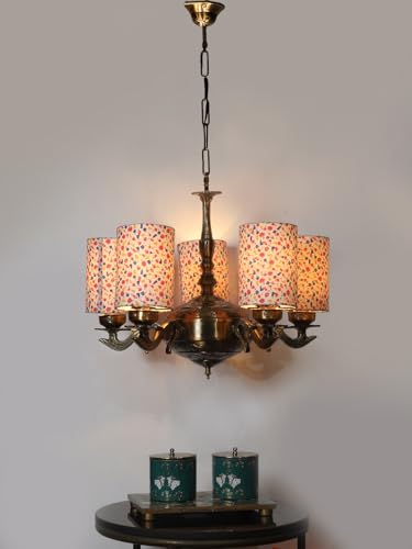 Image of Devansh 05 Lights Printed Round Cotton Shade with Antique Golden Chandelier -F