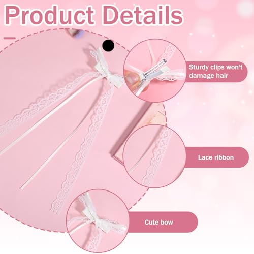 2 Piezas Lazos de Encaje Blancos para el Cabello con Cola Larga, Pinzas de Lazo Coquette para Mujer, Elegantes Barrettes de Cinta con Clip de Cocodrilo, Accesorios para el Cabello de Boda para Niñas y Adolescentes miniatura 3