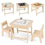 INFANS Kids Table and Chair Set, 3 in 1 Wooden Activity Table with Removable Tabletop, Blackboard and Whiteboard for Toddlers Arts Crafts Drawing Reading Playing, Playroom Nursery (Natural)