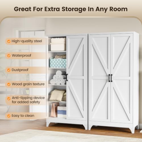 Image of Yizosh Metal Storage Cabinet with Doors and 4 Adjustable Shelves - 75 inch White Kitchen Pantry Storage,4-Tier Tall Steel Cabinet Locker for Kitchen,Living Room,Dining Room