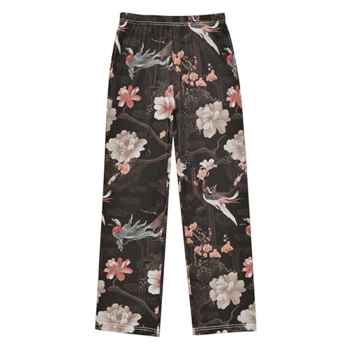Peony Floral and Bird Boys Long Pants Soft Trousers Elastic Waist Kids Lounge Bottoms with Pockets S-XL