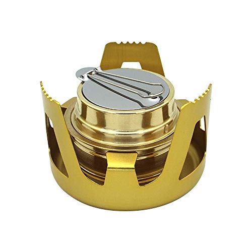 XIAOSA Mini estufa de alcohol, quemador ligero de latón con soporte de aluminio para camping, senderismo, utensilios de cocina, cocina al aire libre (dorado)