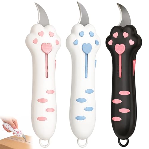 3-Piece Set 5.6inch in Pink Blue Black Cat Paw Box Cutter Cat Box Cutter for Home and Office Use Stainless Steel Blade with Ergonomic Design