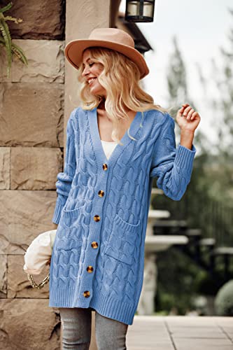 Image of PRETTYGARDEN Long Sleeve Cable Knit Long Cardigan for Women 2026 Spring Winter Chunky Open Front Button Sweaters with Pockets