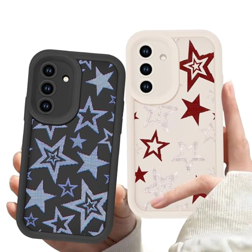 Zrutru 2 Pack Cool Stars Phone Case for Samsung Galaxy A15 5G 6.5',Cute Y2K Blue Red Star Cases Aesthetic Trendy Design Cover for Women Men Girls,Black White Slim Lens Protection Funda for Samsung A15