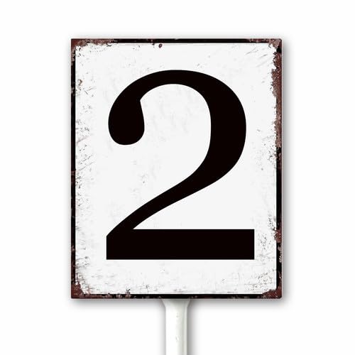 Aluminum Number Sign 2 Metal Numbered Yard Sign With Stake Outdoor for Tennis Court, Parking Lots, Floor, Dock, Court, Aisle, Field, Farm 18x22 CM High Visibility Rust Free (Retro White)