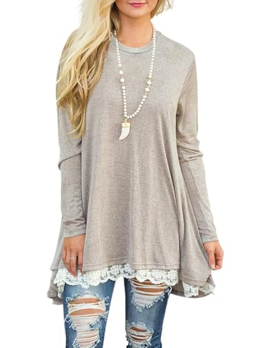 Women's Crew Neck Long Sleeve Lace Splicing Swing Shirt Dresses Long Tunic Blouses Shirts for Leggings2