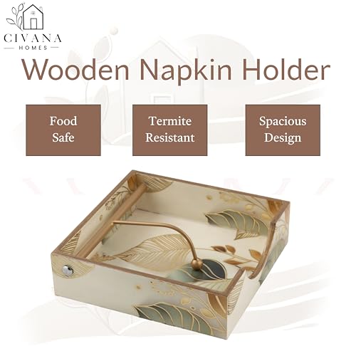 Image of Wooden Napkin Holder with Gold Engraving | Pack of 1 | Size : 7.5 x 7.5 inch | Enamel Coated Waterproof | Tissue Holder for Dining Table | White Leaf Napkin Holder