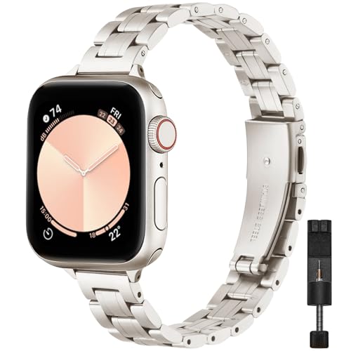 Image of STIROLL Thin Replacement Band Compatible for Apple Watch 49mm Ultra 3 2 1, 46mm Series 11 10,45mm Series 9 8 7, 44mm Series 6 5 4 SE, 42mm Series 3 2 1, Stainless Steel Metal Wristband iWatch Bands for Women, Starlight(No Case)