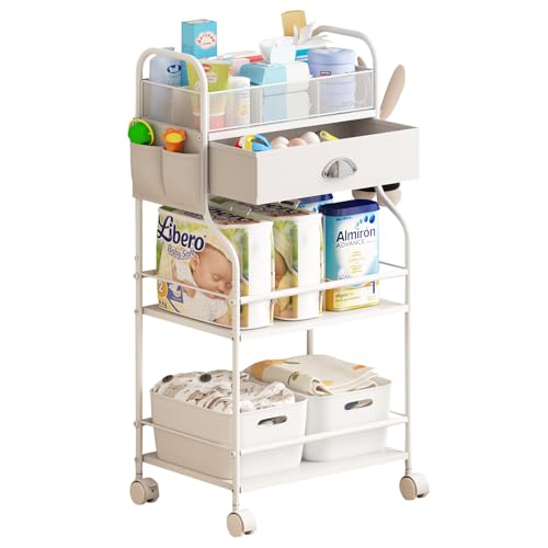 Image of Baby Diaper Caddy Cart Organizer -3 Tier, Bedside Nursery Essentials Cart & Storage Holder for Newborn Baby Stuff, 2+1 Dividers, 1 Drawer,Rolling Utility Cart for Bedroom,Changing Table, Crib