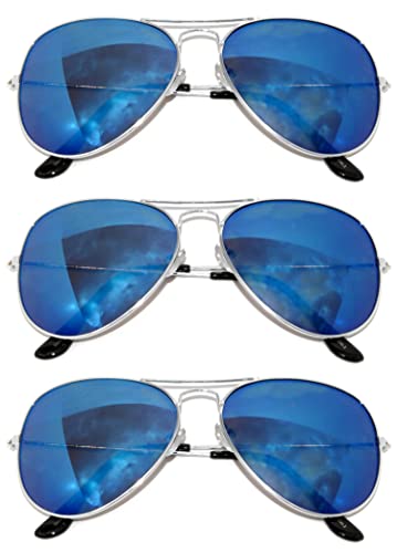 Aviator Classic Sunglasses Black Silver Bronze Gold Blue Green Yellow White. (3 pairs BLUE) OWL ®.