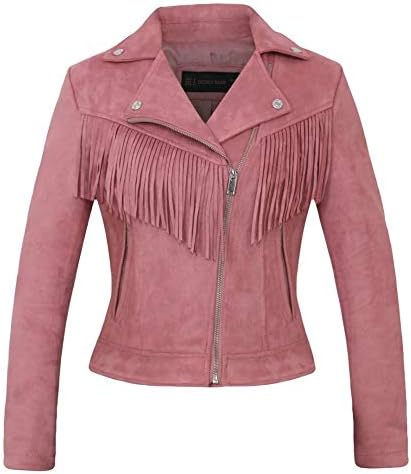 CHARTOU Women's Stylish Notched Collar Oblique Zip Suede Leather Moto Jacket (Large, tassel-pink)