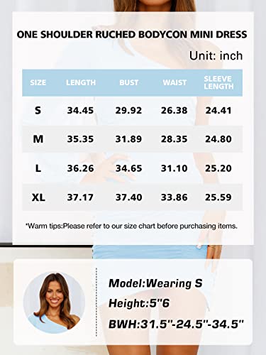 Mascomoda Womens Fashion One Shoulder Mini Ruched Bodycon Dress Mesh Long Sleeve Sexy Stretch Short Party Cocktail Dresses (Light Blue, Medium) #TOP5