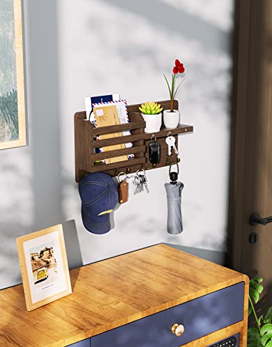 SWTYMIKI Schlüsselbrett mit Magnet Hängend - Schlüsselhalter Holz mit 4 Doppel Schlüsselhaken, Dekorative Schlüsselkasten mit Ablage Holz für Eingang, Mudroom, Flur, Schlafzimmer, Wohnzimmer, Braun