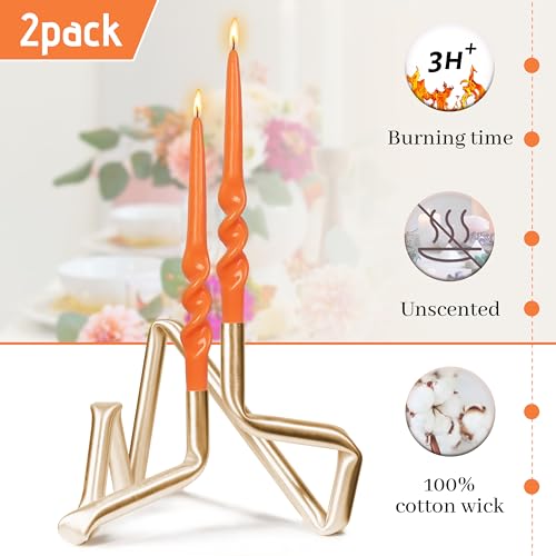 Image of Twisted Taper Candle Smokeless Orange Spiral Candlesticks 9.5 Inch Unscented Dinner Candles for Holiday Wedding Home Decoration 2 PCS