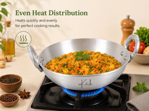 Image of Heavy Gauge Pure Aluminium Kadhai 21 cm, 1.5 Litre, 500g, Deep Frying Wok with Strong Double Handles, Fast & Even Heating, Lightweight Gas Stove Cooking Kadai for Everyday Kitchen Use