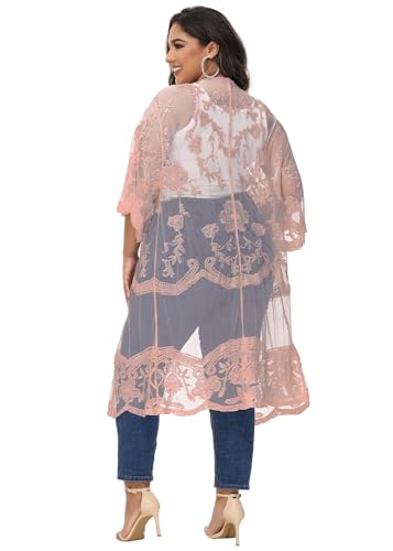 Image of Anna-Kaci Women's Plus Size Lace Cardigan Embroidered Long Kimono Dusters with Half Sleeves