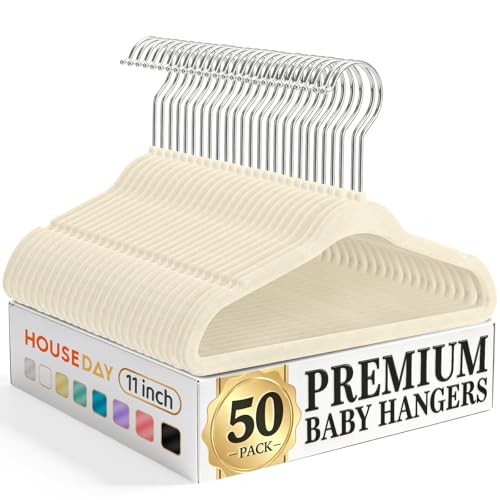 Image of HOUSE DAY 11 Inch Velvet Baby Hangers 50 Pack Beige, Premium Kids Hangers for Children, Infant & Toddler Clothes, Durable Non Slip Small Baby Felt Hanger for Closet, Ideal for Everyday Use