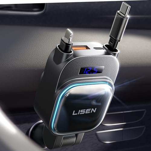 LISEN 96W Retractable Car Charger Adapter, USB C Car Phone Charger [2025 Upgrades] iPhone Car Charger Fast Charge for iPhone 16e 16 15 14 13 12 iPad Samsung S25 S24