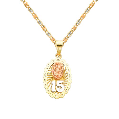 The World Jewelry Center 14k Real Tri Color Gold 15 A?os Pendant with 1.5mm Diamond Cut Chain Necklace