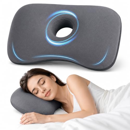 Ear Piercing Pillow for Side Sleepers with 3.94 Large Ear Hole, Cooling Memory Foam Pillow for Sleeping, Double-Sided Ear Pillow with Cooling & Cotton Cover, Pressure Relief Pillow for Ear Pain