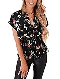 Womens Button Down Blouses Casual Peplum Summer Tops Dressy Chiffon Work Blouse Floral Black