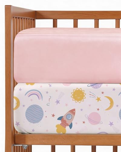 Image of Baby Crib Sheets for Boys & Girls - Pack of 2 Fitted Microfiber Crib Sheets for Standard Crib & Toddler Mattress - Soft, Breathable & Wrinkle Free - Machine Washable, Oeko Tex - 52x28x8in - Space Girl