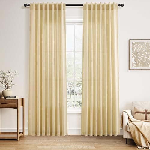 Image of Nanspring Linen Curtains 84 Inches Long for Living Room Semi Sheer Light Filtering Curtain Back Tab Boho Neutral Modern Farmhouse Window Drapes for Bedroom Cream Yellow 52x84 2 Panels