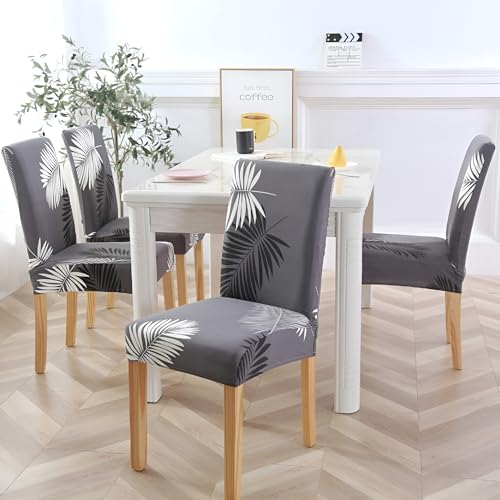 Image of Dining Chair Covers Set of 4, Stretchable Removable Washable Anti-Slip Universal Fit Printed Polyester Spandex Slipcovers (Grey Leaf)