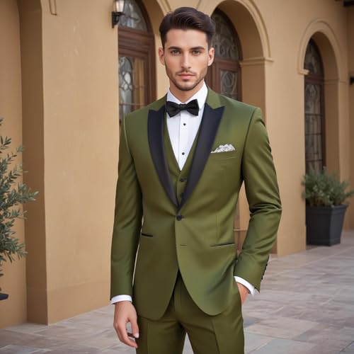 Men's 3 Piece Suit Slim fit Olive Green Tuxedo Suit Jacket Vest Pant Set Wedding Grrom Attire2