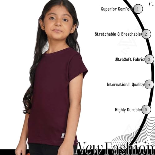 Image of Kids Round Neck Girls Tshirt | Short Sleeves | Natural Organic 100% Cotton Soft Comfortable Fabric | Plain Color Original Branded Half Sleeve | School t-Shirt for Girl Kid | Sleepwear Everyday Casual