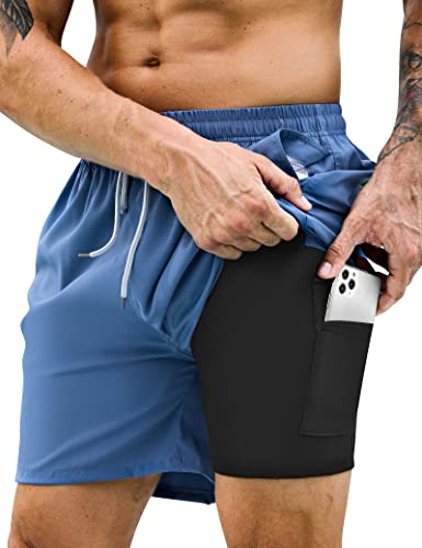 KBVOT Badehose Herren mit Kompression Liner Schnelltrocknend Badeshorts Männer Kurz Boardshorts Schwimmhose 2 in 1 Badeh...
