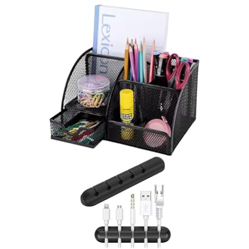 Besy Fresy Organizador escritorio metálico negro con cajón – Ordena bolígrafos y material oficina – Ahorra espacio y evita el caos visual – Incluye soporte cables adhesivo 5 ranuras | Ya disponible en tu tienda friki favorita! En mundofriki.es!