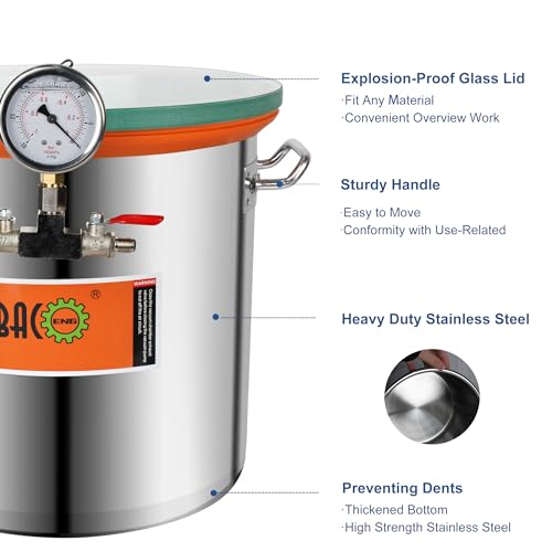 BACOENG 5 Gallon Tempered Glass Lid Stainless Steel Vacuum Chamber Perfect for Stabilizing Wood, Degassing Silicones, Epoxies and Essential Oils.