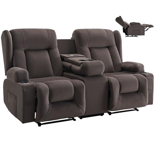 VEVOR Sofá Reclinable Eléctrico 2 Plazas de Gamuza, con Calefacción, Masaje y Consola Central, con Puertos USB, Portavasos y Bolsillos Laterales, Sala de Estar y Apartamento, 96,5 x 183 x 108 cm