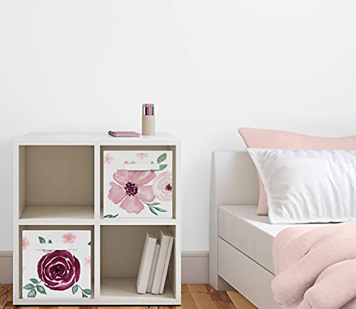 Image of Sweet Jojo Designs Burgundy Watercolor Floral Foldable Fabric Storage Cube Bins Boxes Organizer Toys Kids Baby Childrens - Set of 2 - Blush Pink Maroon Wine Rose Green Shabby Chic Flower Farmhouse