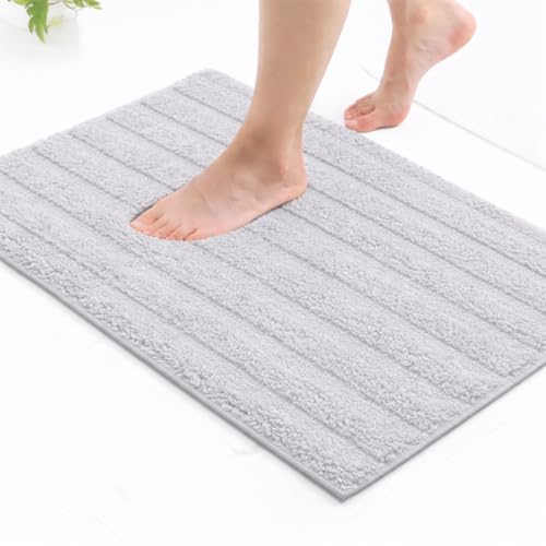 Image of Premium Combed Cotton Tufted Bathmat 45 x 65 cm, 1800 GSM Soft Absorbent Anti Skid Bathroom Floor Mat with Latex Backing, Quick Dry Non Slip Bath Rug for Shower & Daily Use, Stripes Silver