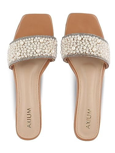 Image of AXIUM Pearl Embellished Beige Heels, 2.5-Inch